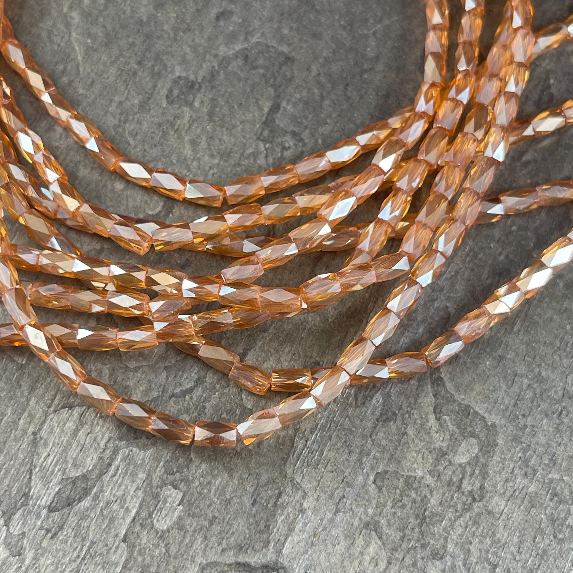 5mm Faceted Tube Beads, Transparent Honey Gold with AB Finish, Faceted Glass Beads (FGT-HoneyAB) * 18" Strand