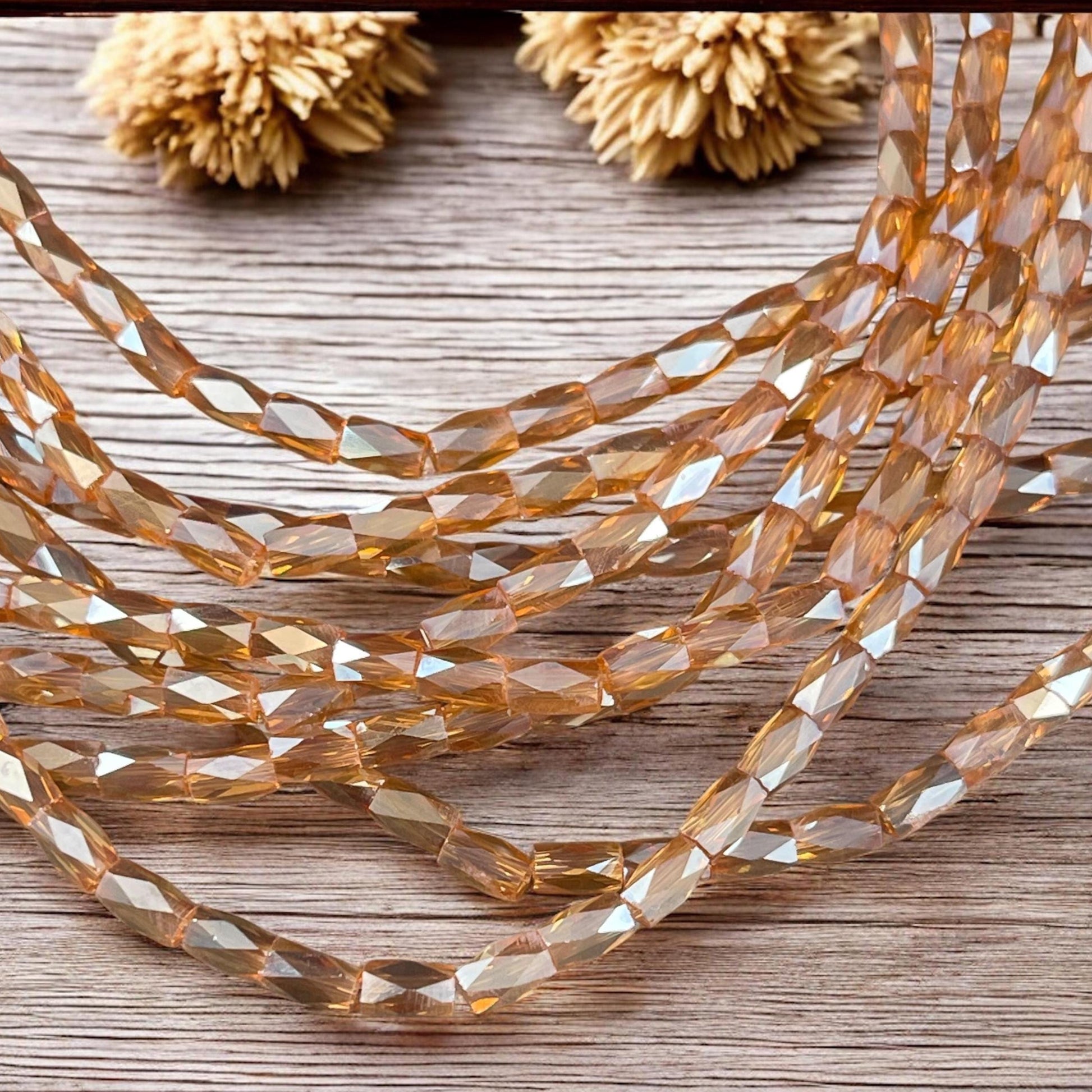 5mm Faceted Tube Beads, Transparent Honey Gold with AB Finish, Faceted Glass Beads (FGT-HoneyAB) * 18" Strand