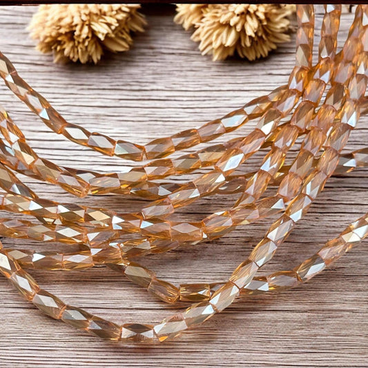 5mm Faceted Tube Beads, Transparent Honey Gold with AB Finish, Faceted Glass Beads (FGT-HoneyAB) * 18" Strand