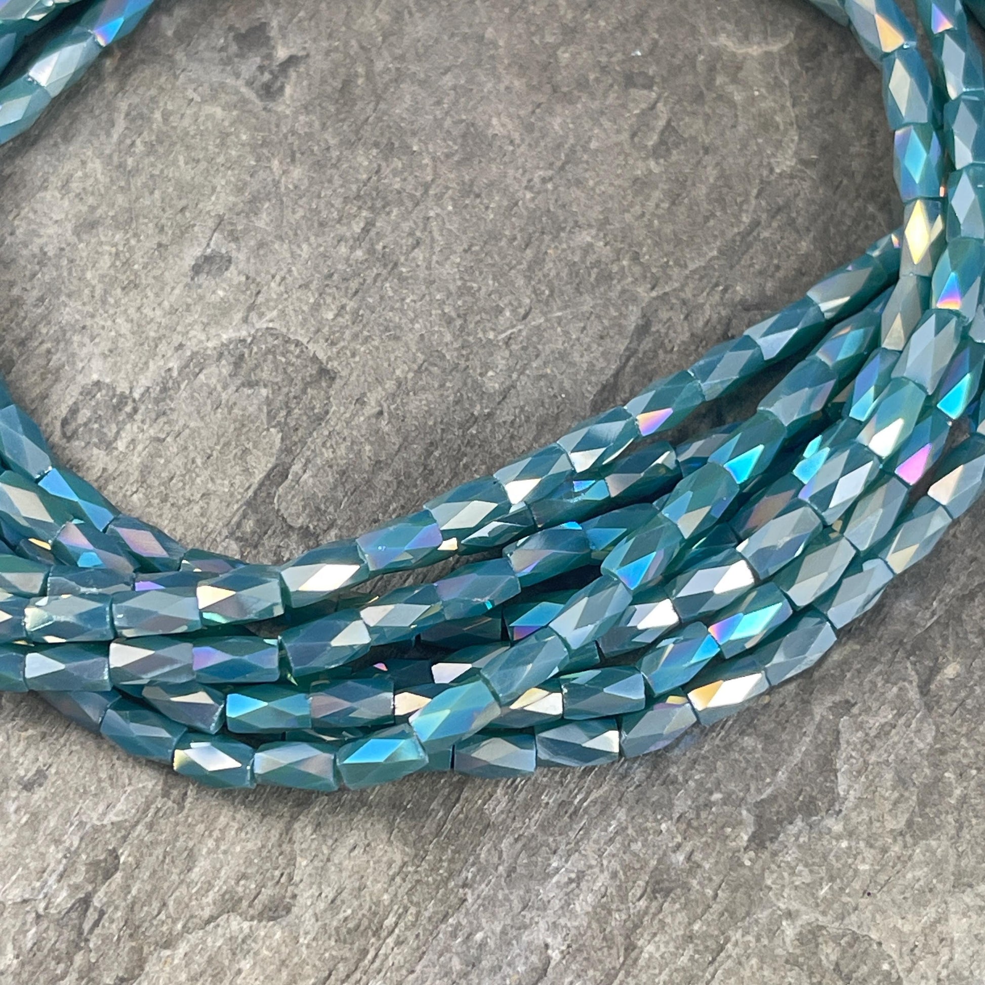 Small Glass Tubes, 5x3mm Faceted Tube Beads, Slate Blue with AB Finish (FGT-SlateAB) * 18" Strand