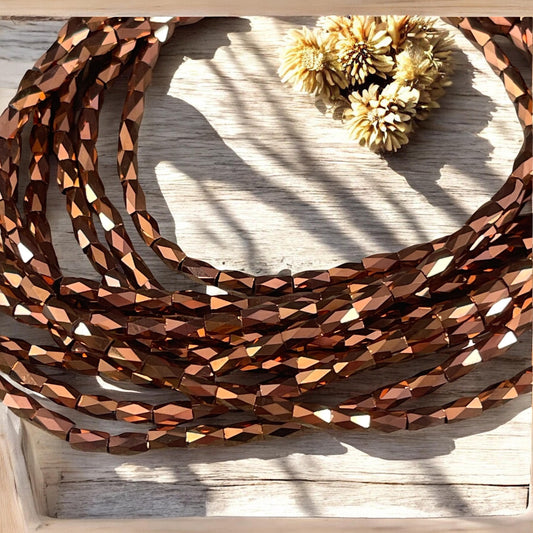 Skinny Faceted Tube Beads, 5x3mm Bronze Metallic Beads, Aged Copper Faceted Glass Beads (FGT-Bronze) * 18" Strand