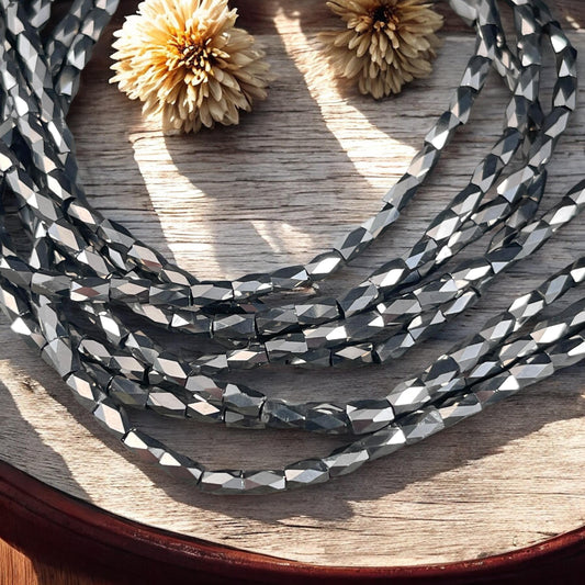 Skinny Faceted Tube Beads, 5x3mm Hematite Gray Beads, Dark Grey Faceted Glass Beads (FGT-Hematite) * 18" Strand
