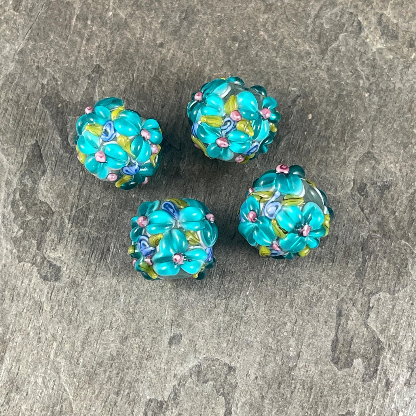 Floral Design Aqua Lampwork Beads, 14mm Round, Blue/Green Flower Beads * Qty. 4