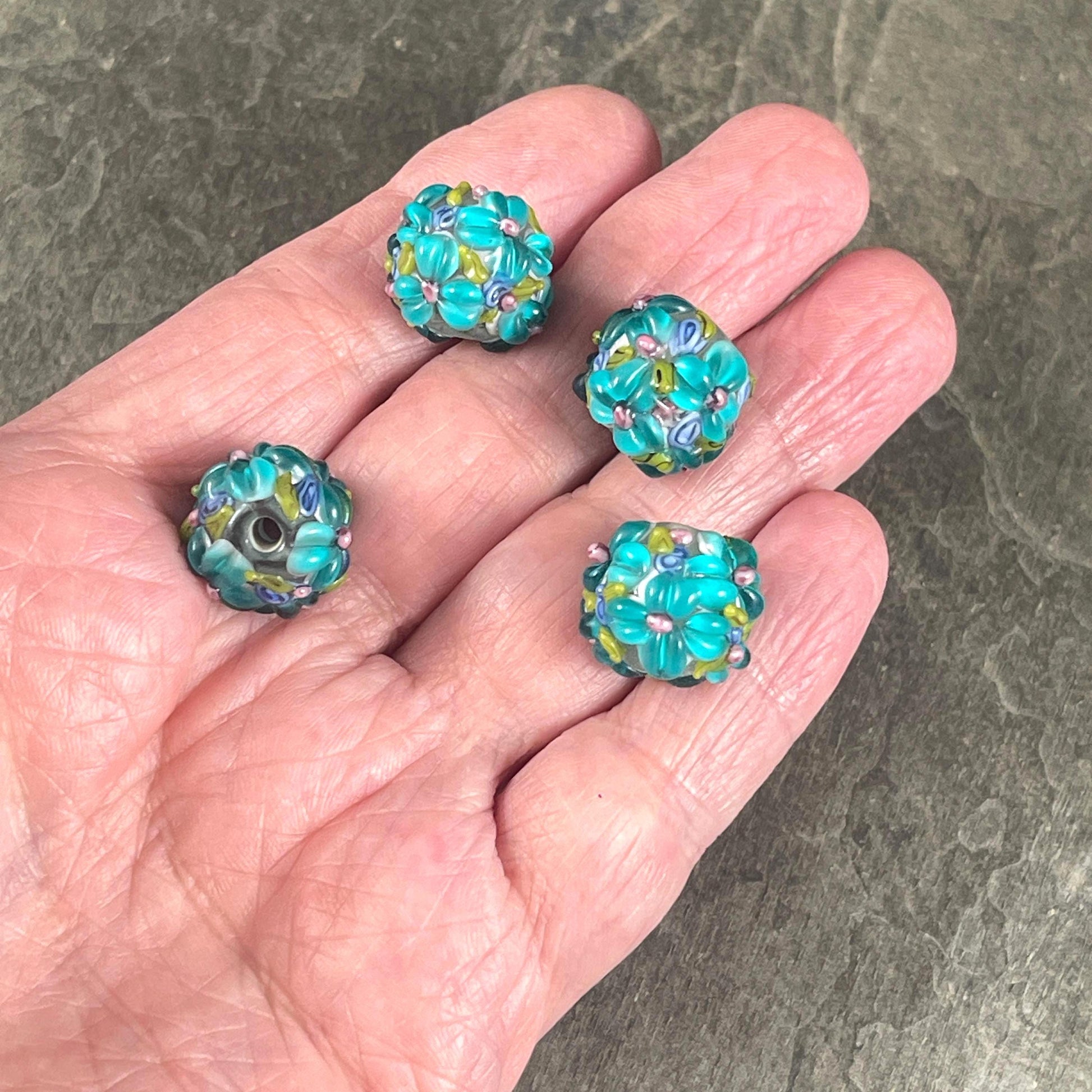 Floral Design Aqua Lampwork Beads, 14mm Round, Blue/Green Flower Beads * Qty. 4