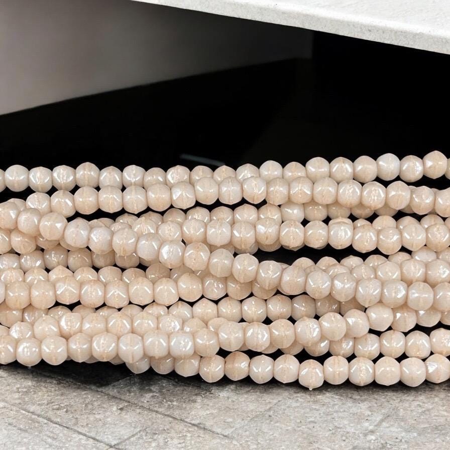 Czech Glass Beads - 3mm English Cut, Beige, Off-White, Ivory Faceted Cube Spacer Beads (EC/SM-P14413) * Qty. 50