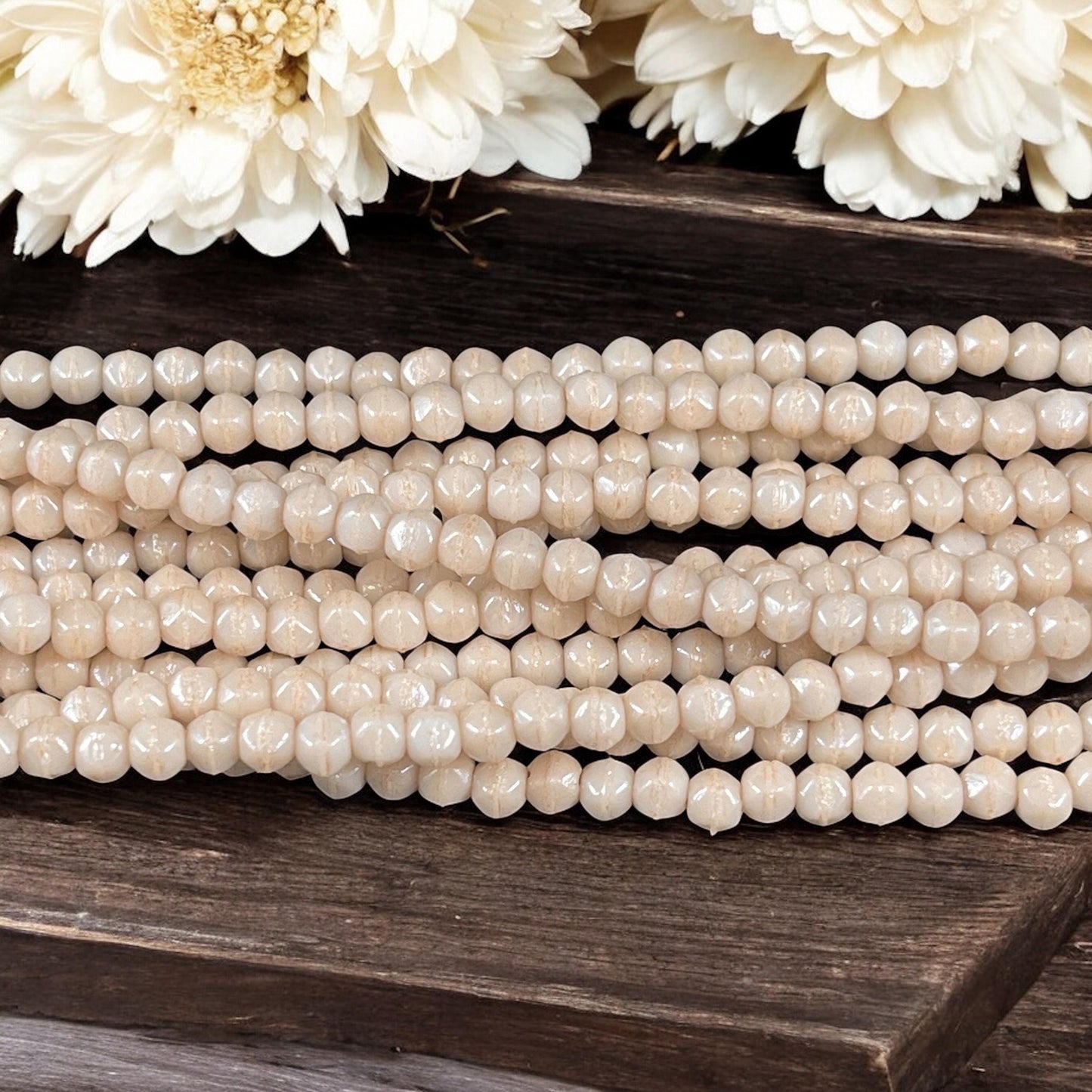 Czech Glass Beads - 3mm English Cut, Beige, Off-White, Ivory Faceted Cube Spacer Beads (EC/SM-P14413) * Qty. 50