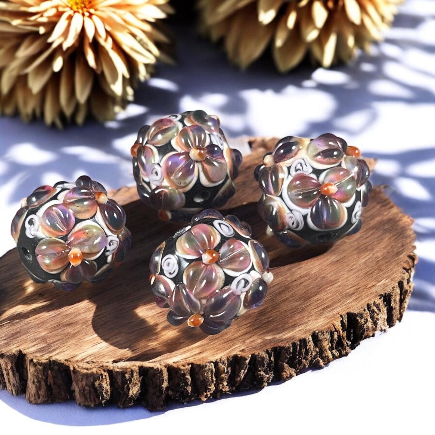 Lavender and Black Lampwork Beads, Two-tone Flower Beads, 14mm Round Floral Theme Beads * Qty. 2