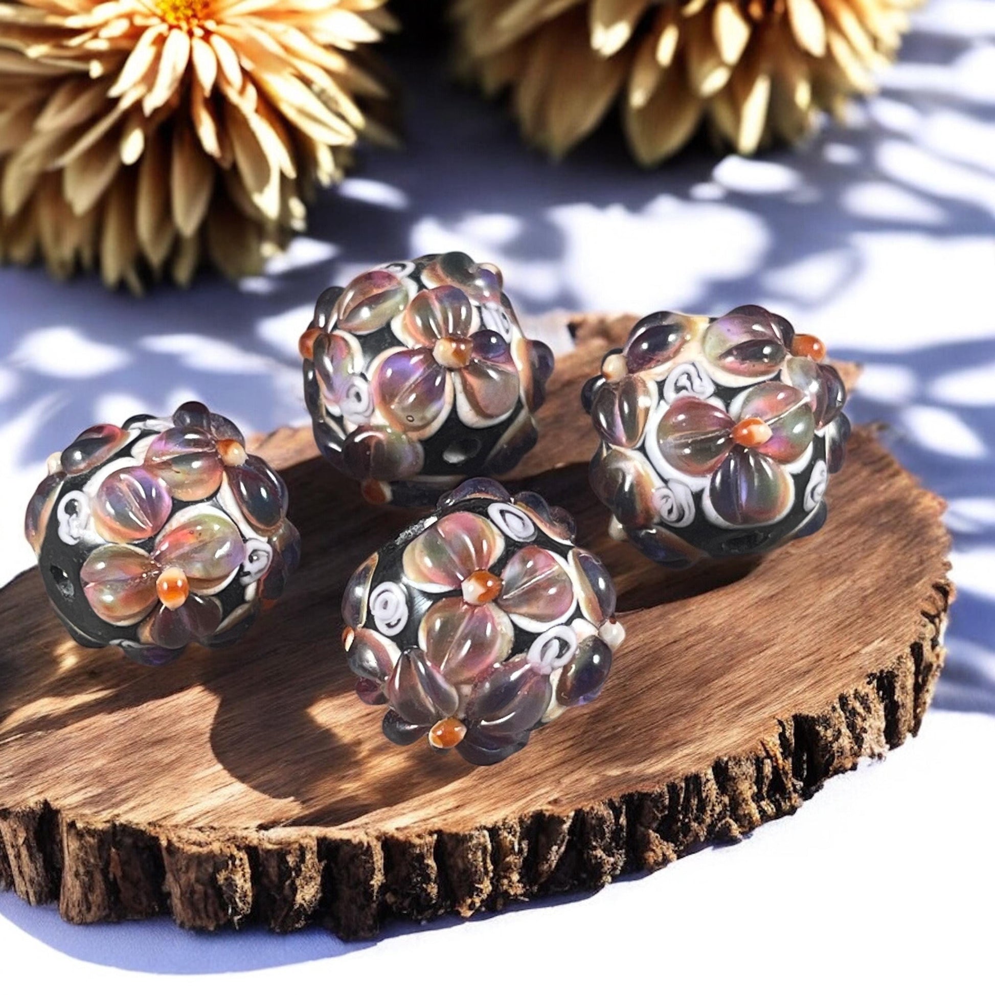 Lavender and Black Lampwork Beads, Two-tone Flower Beads, 14mm Round Floral Theme Beads * Qty. 2