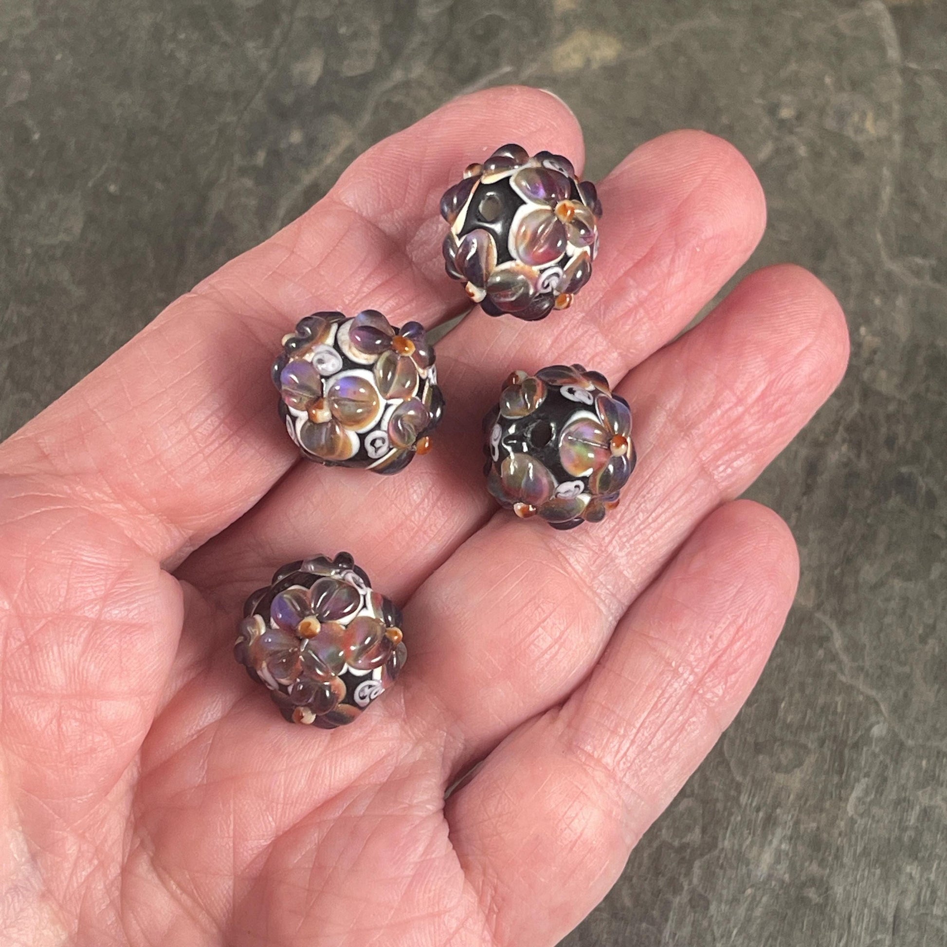 Lavender and Black Lampwork Beads, Two-tone Flower Beads, 14mm Round Floral Theme Beads * Qty. 2