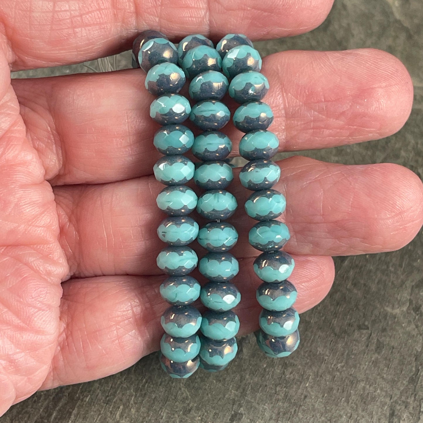 Czech Glass Beads - 5x7mm Sky Blue with Bronze Picasso Beads, Faceted Rondelle (R7/N-0689) * Qty. 25