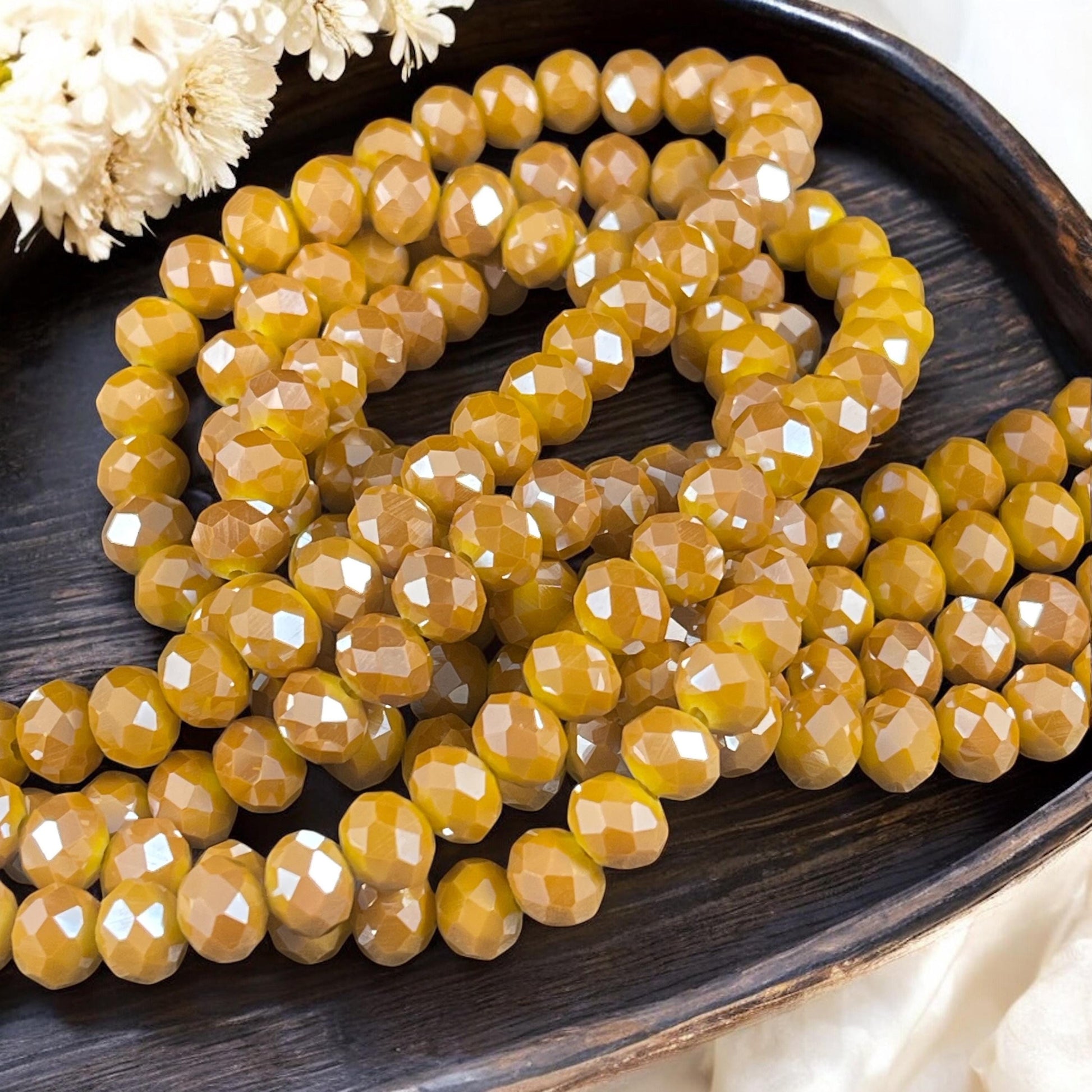 Dark Yellow Beads, 8x6mm Rondelle, Dark Yellow with AB Finish, Faceted Glass Beads (Marigold Yellow) * 36 Beads