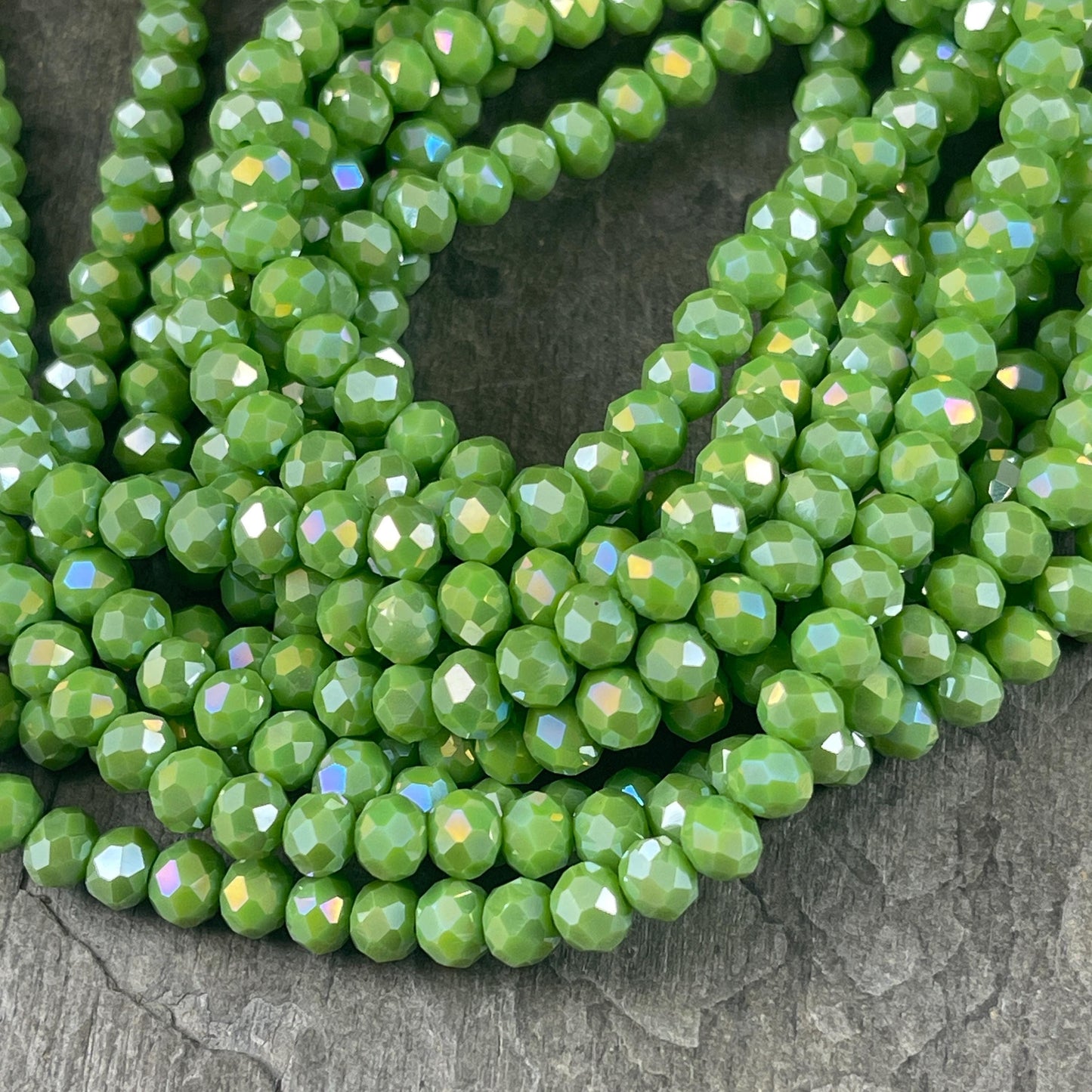 6x5mm Faceted Glass Beads, Opaque Avocado Green Faceted Rondelles with AB Finish (AvocadoAB-6) * 80 Beads