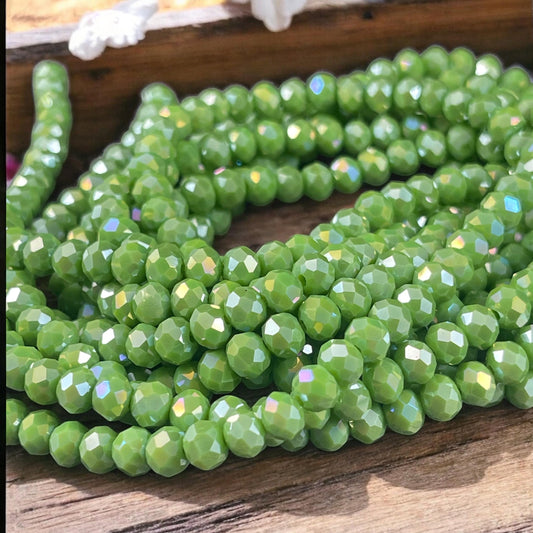 6x5mm Faceted Glass Beads, Opaque Avocado Green Faceted Rondelles with AB Finish (AvocadoAB-6) * 80 Beads