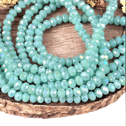 6x5mm Faceted Glass Beads, Minty Green Faceted Rondelles with AB Finish (MintAB-6) * 80 Beads