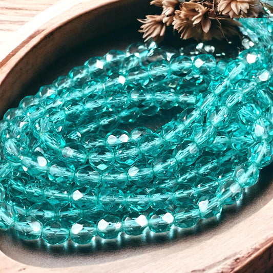 Czech Glass Beads - 6mm Faceted Round Beads, Light Teal Fire Polished Beads (FP6/SM-G0355) * Qty. 25
