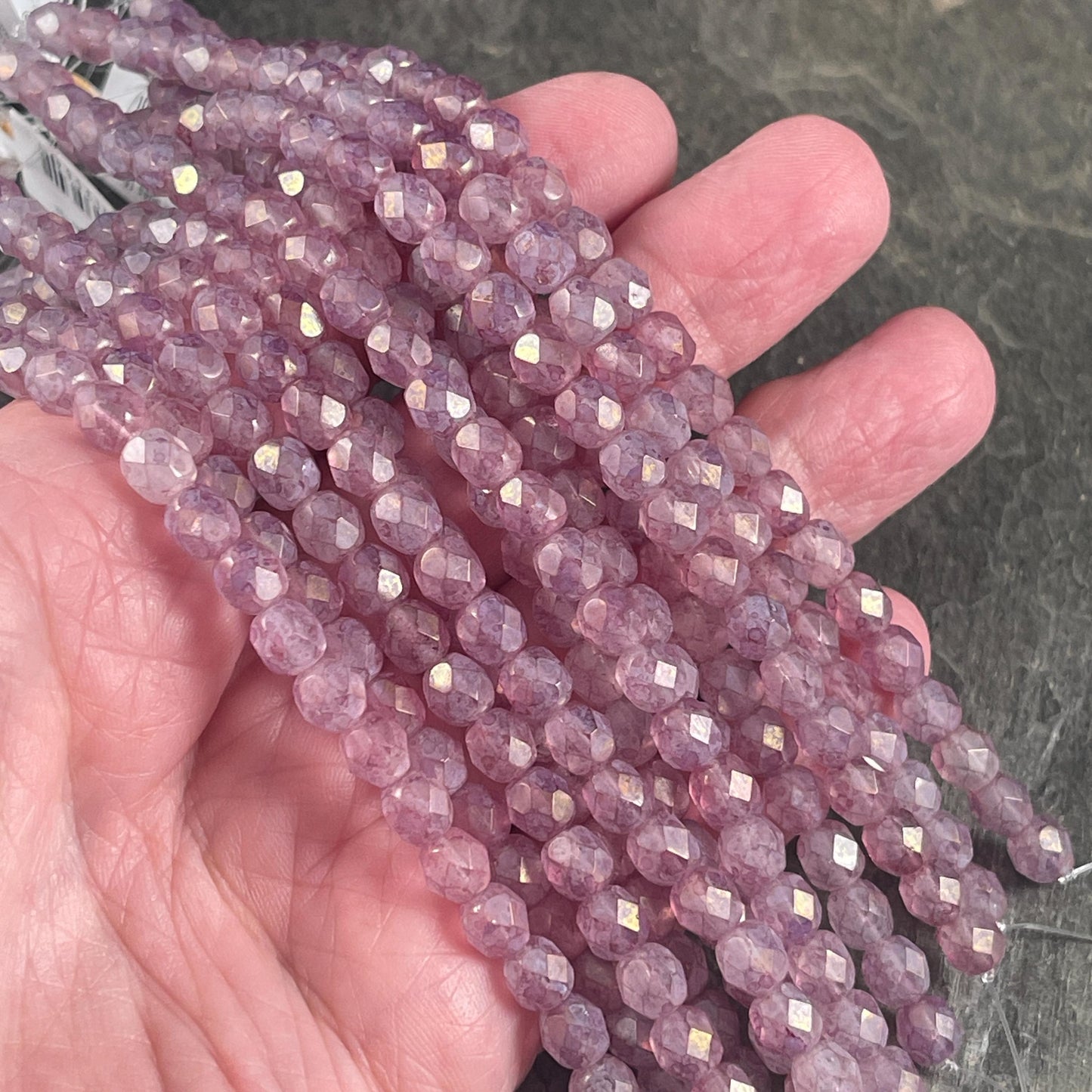 Czech Glass Beads - 6mm Faceted Round Beads, Stone Pink, Pale Marbled Pink (FP6/SM-64495) * Qty. 25