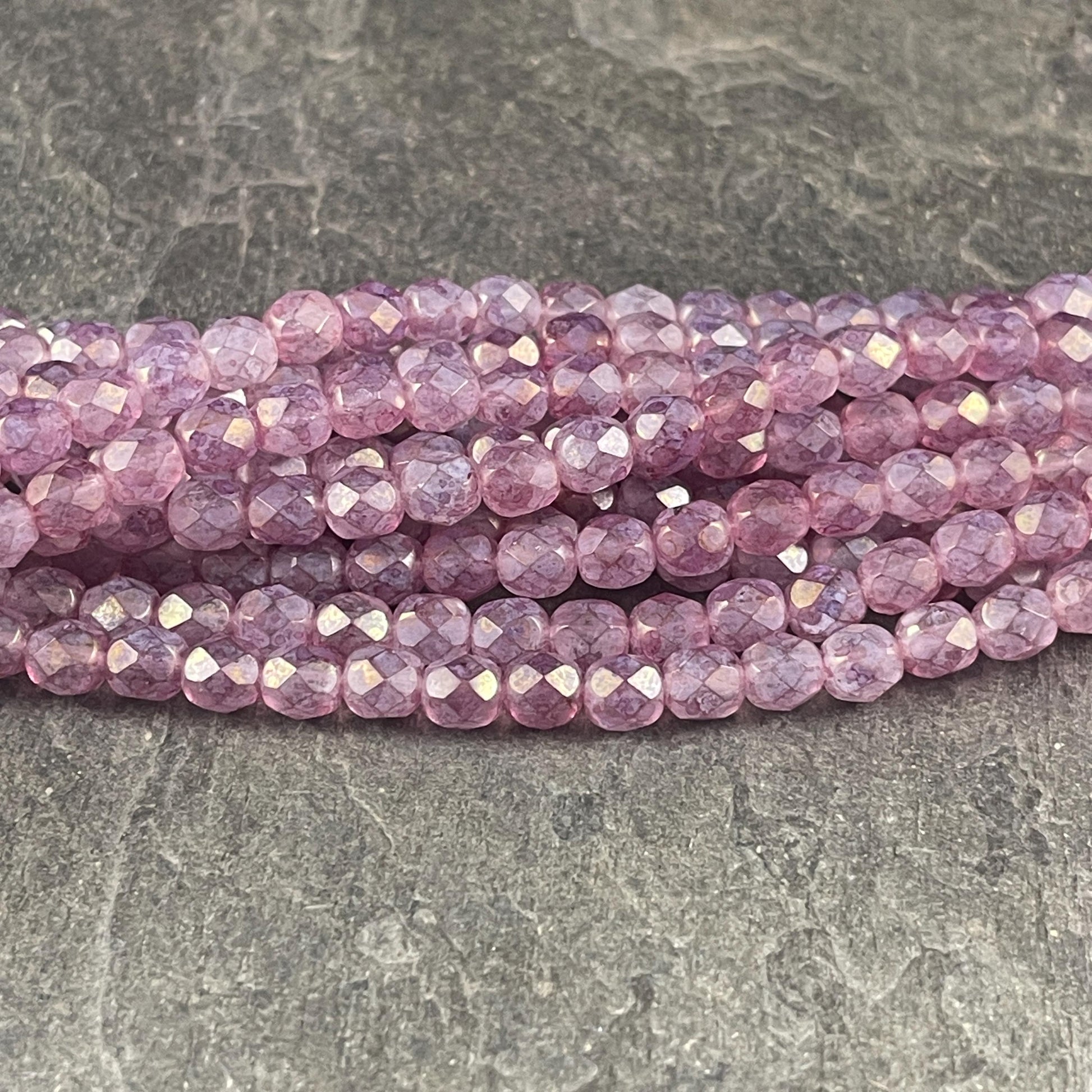 Czech Glass Beads - 6mm Faceted Round Beads, Stone Pink, Pale Marbled Pink (FP6/SM-64495) * Qty. 25