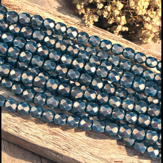 Czech Glass Beads - 6mm Faceted Round Beads, Golden Halo Azurite (FP6/SM-P29266) * Qty. 25