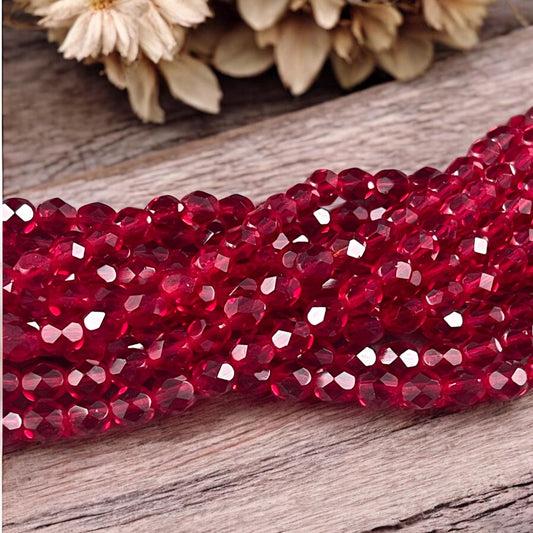 Czech Glass Beads - 6mm Faceted Round Beads, Transparent Ruby Red Beads (FP6/SM-9010) * Qty. 25