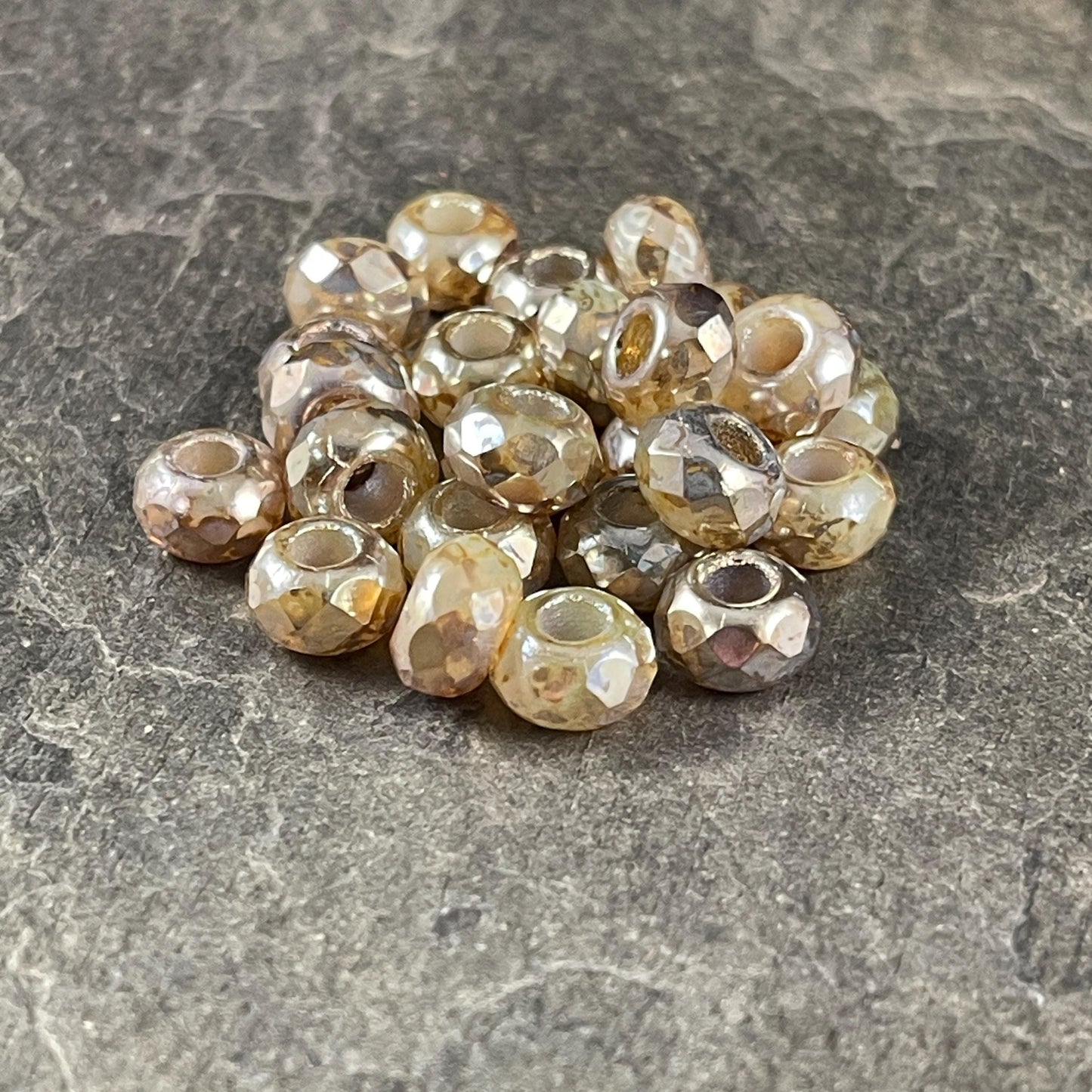 Czech Glass Beads - Large Hole Rondelles, 9x6mm Roller Beads with 3.5mm hole, Champagne Beige with AB (ROL/N-0761) * Qty. 12
