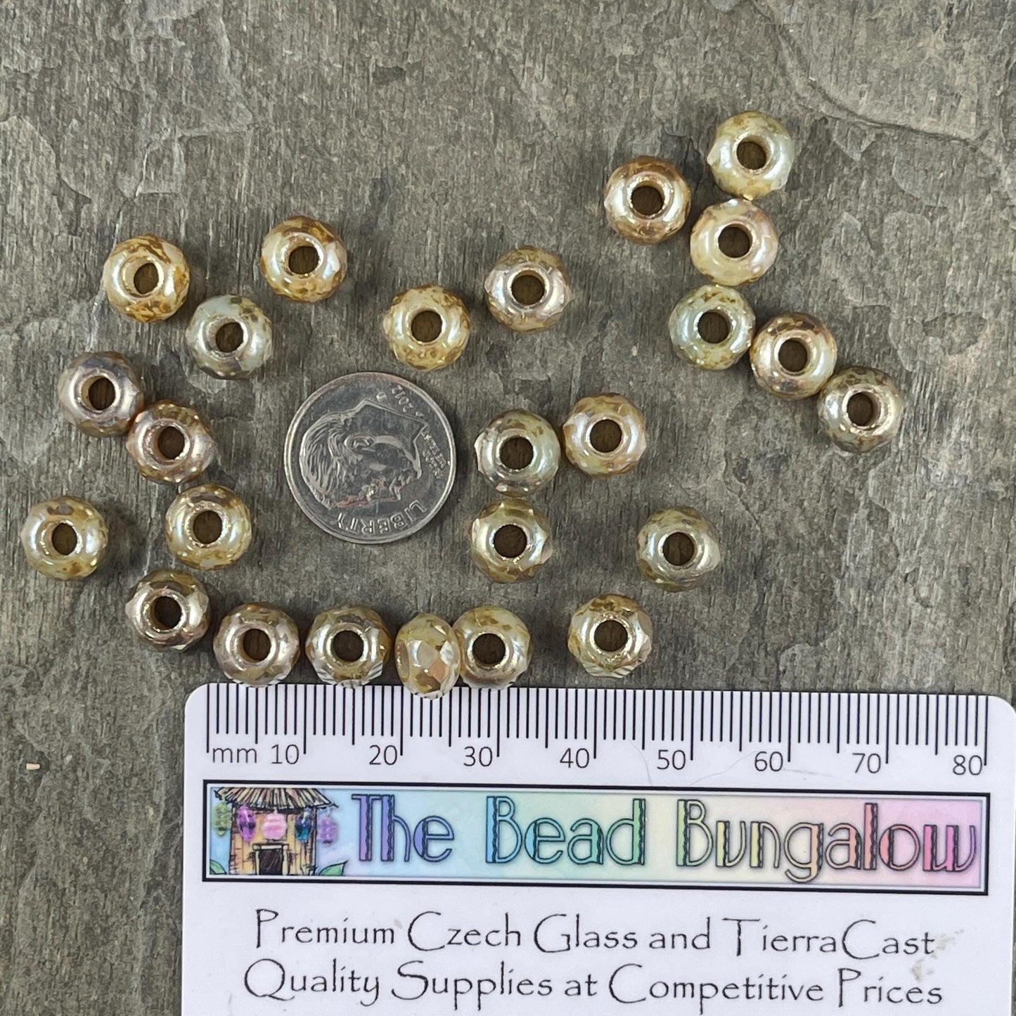 Czech Glass Beads - Large Hole Rondelles, 9x6mm Roller Beads with 3.5mm hole, Champagne Beige with AB (ROL/N-0761) * Qty. 12
