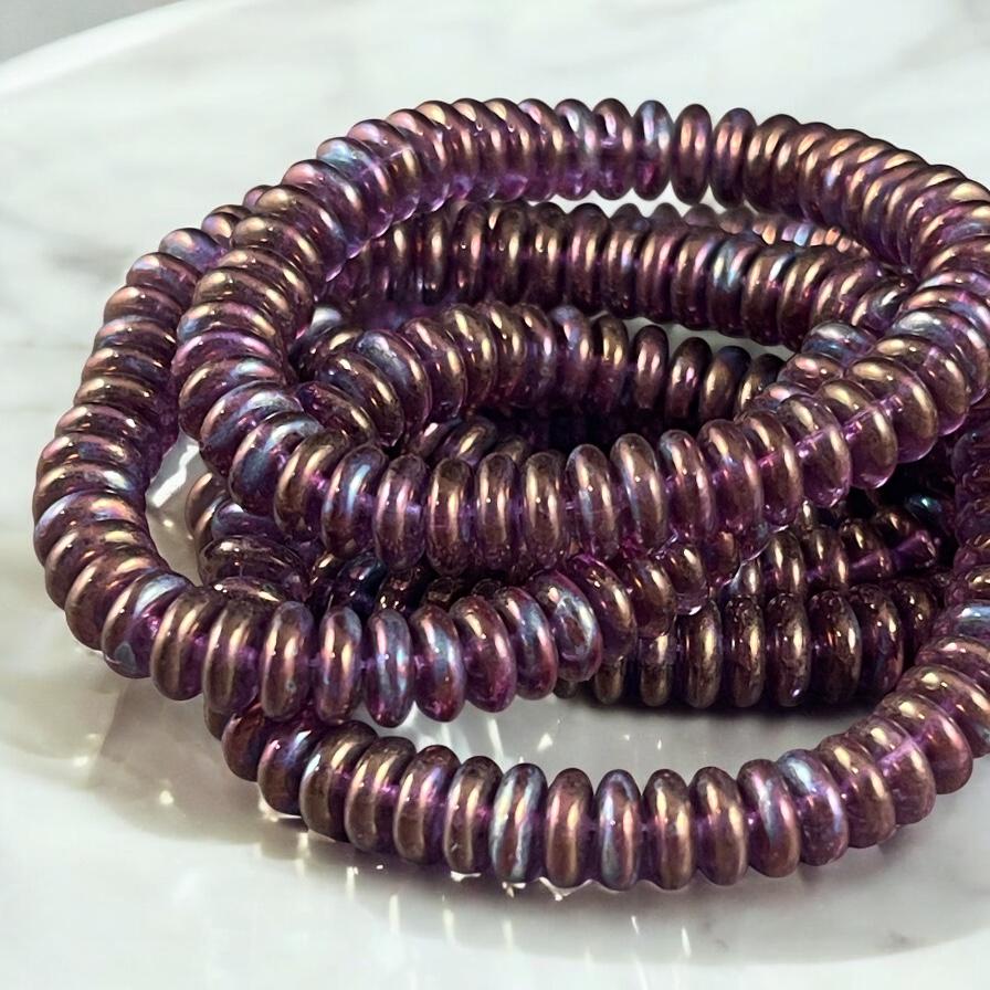 Czech Glass Beads - 6x2mm Heishi Rondelle, Purple with Mother of Pearl Finish, Iridescent Purple Beads (DSC/2093) * Qty. 50