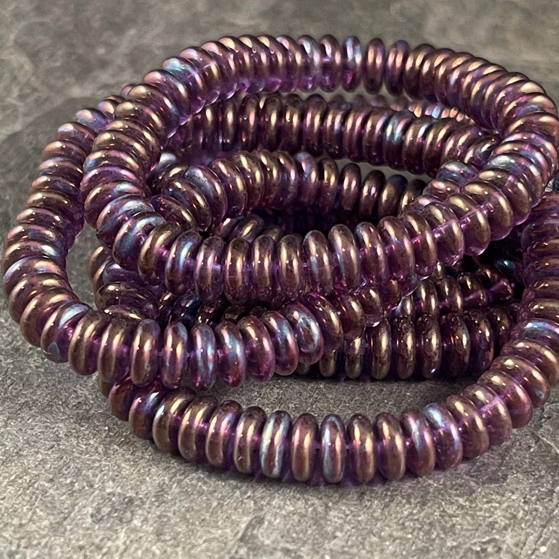 Czech Glass Beads - 6x2mm Heishi Rondelle, Purple with Mother of Pearl Finish, Iridescent Purple Beads (DSC/2093) * Qty. 50