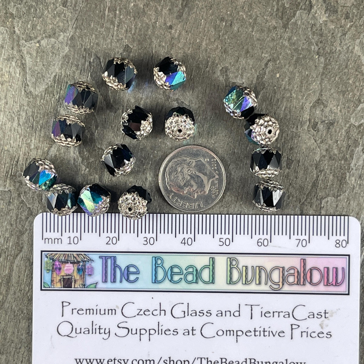 Czech Glass Beads - 8mm Cathedral Faceted Glass Beads, Black with AB and Silver Picasso (CT8/N-014) * Qty. 15