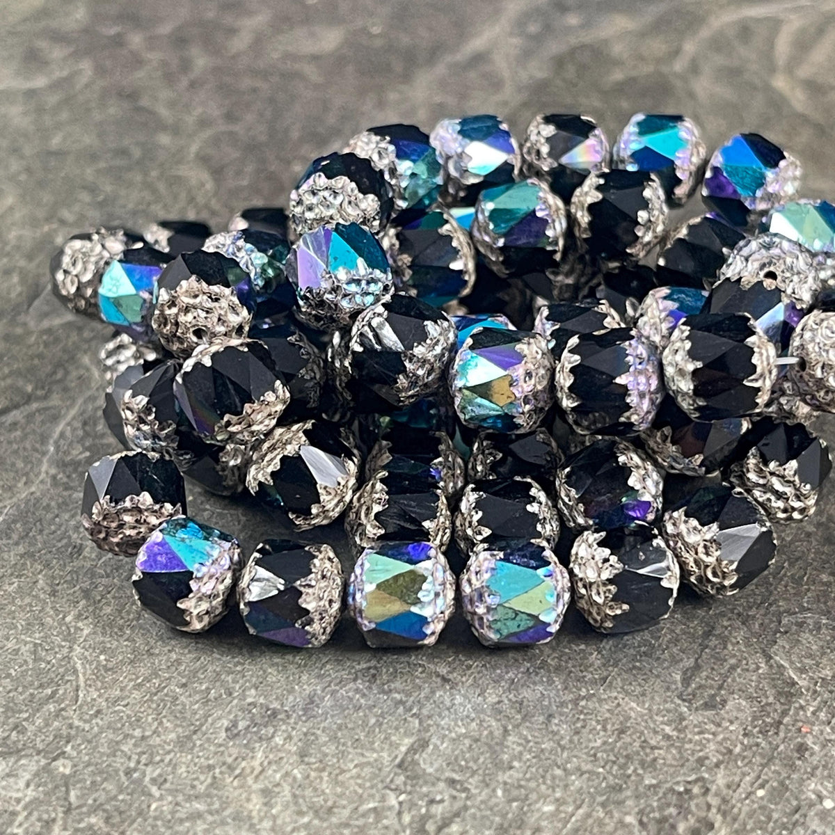 Czech Glass Beads - 8mm Cathedral Faceted Glass Beads, Black with AB and Silver Picasso (CT8/N-014) * Qty. 15