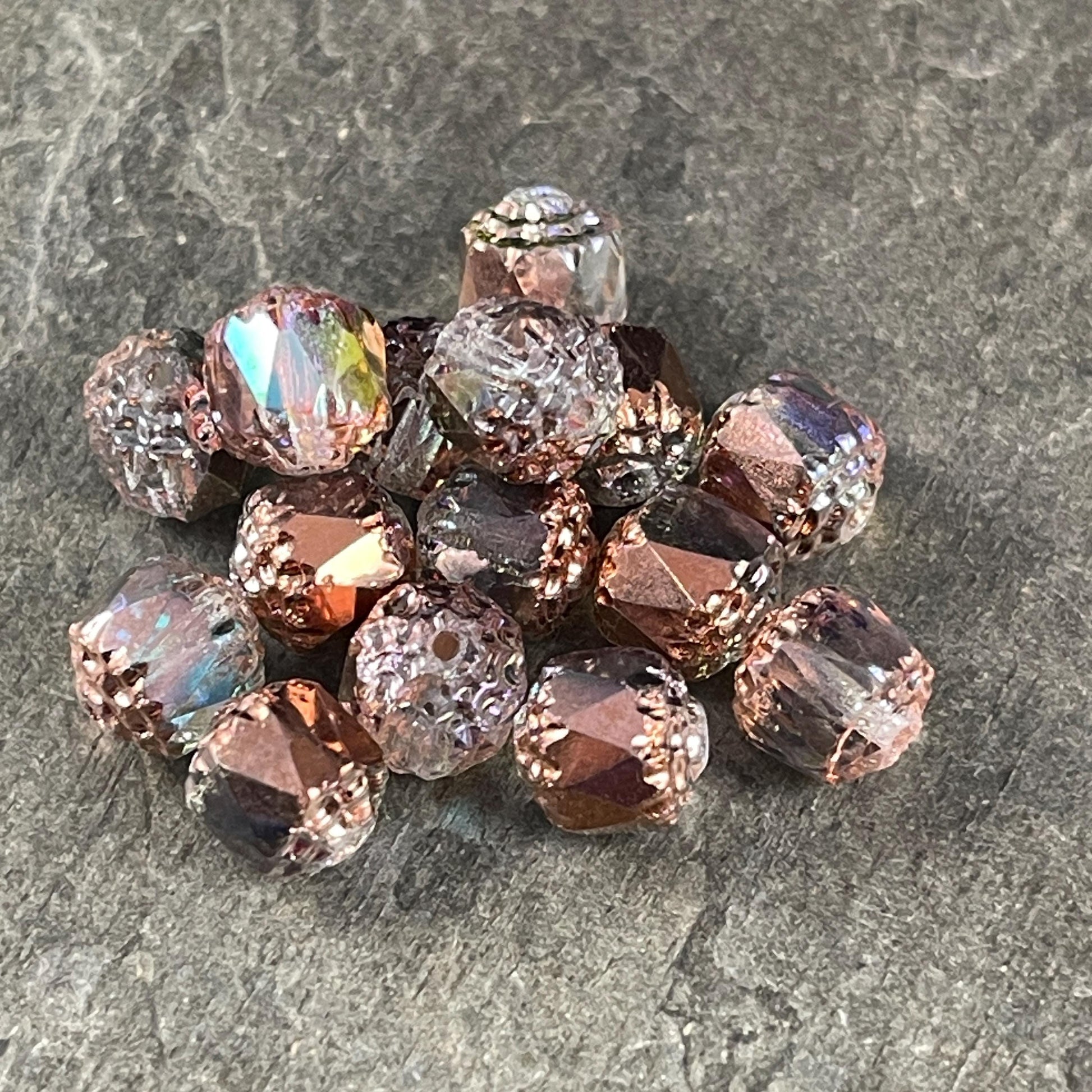 Czech Glass Beads - 8mm Cathedral Faceted Glass Beads, Transparent with Copper Half-Coat and AB Finish (CT8/N-026) * Qty. 15