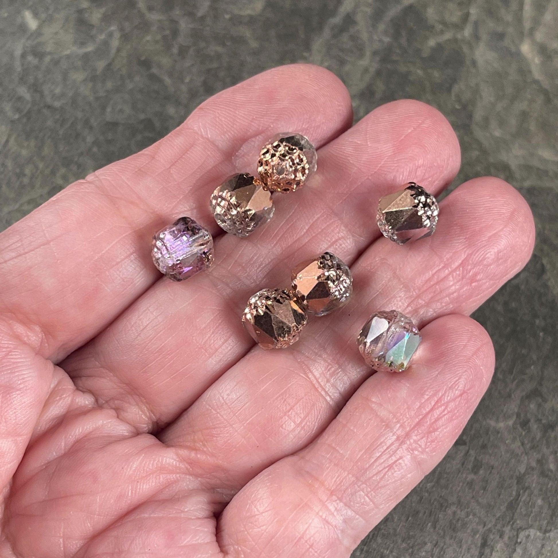 Czech Glass Beads - 8mm Cathedral Faceted Glass Beads, Transparent with Copper Half-Coat and AB Finish (CT8/N-026) * Qty. 15