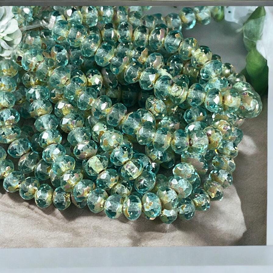 Czech Beads - 5x3mm Faceted Rondelle, Transparent Light Aqua Picasso (R5/N-0516) * 30 Beads