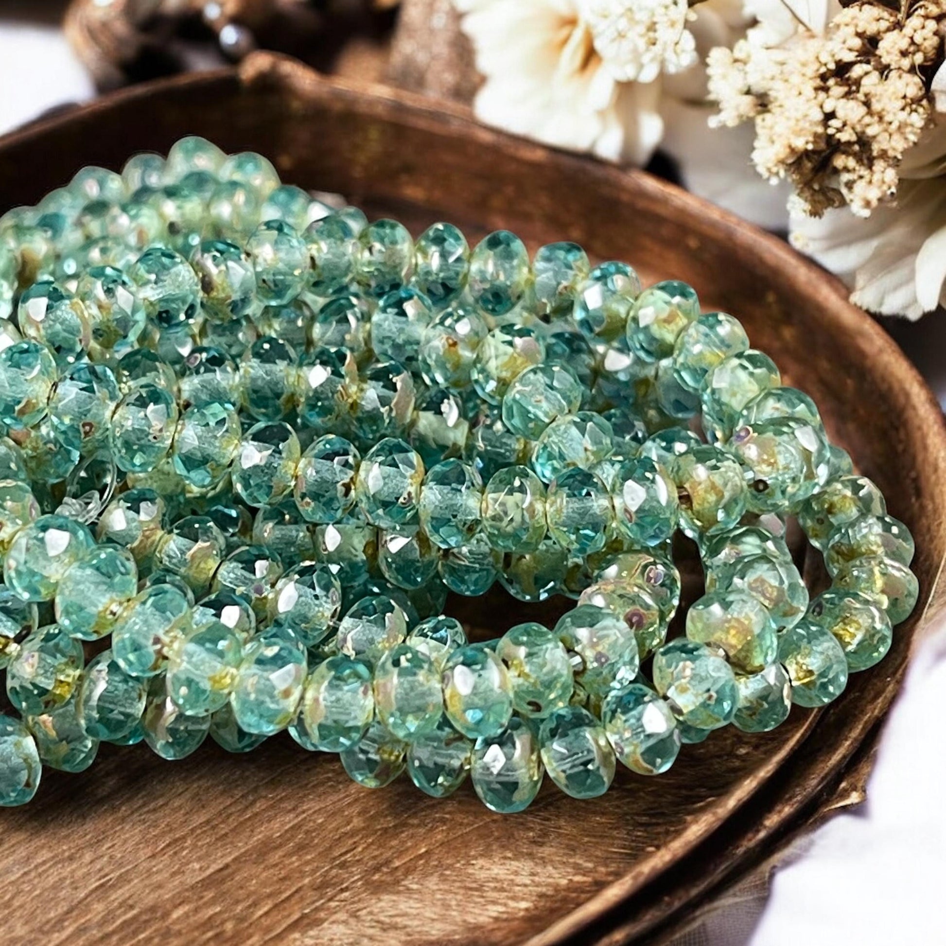 Czech Glass Beads - 5x3mm Faceted Glass Rondelle, Transparent Light Aqua Picasso (R5/N-0516) * Qty. 30