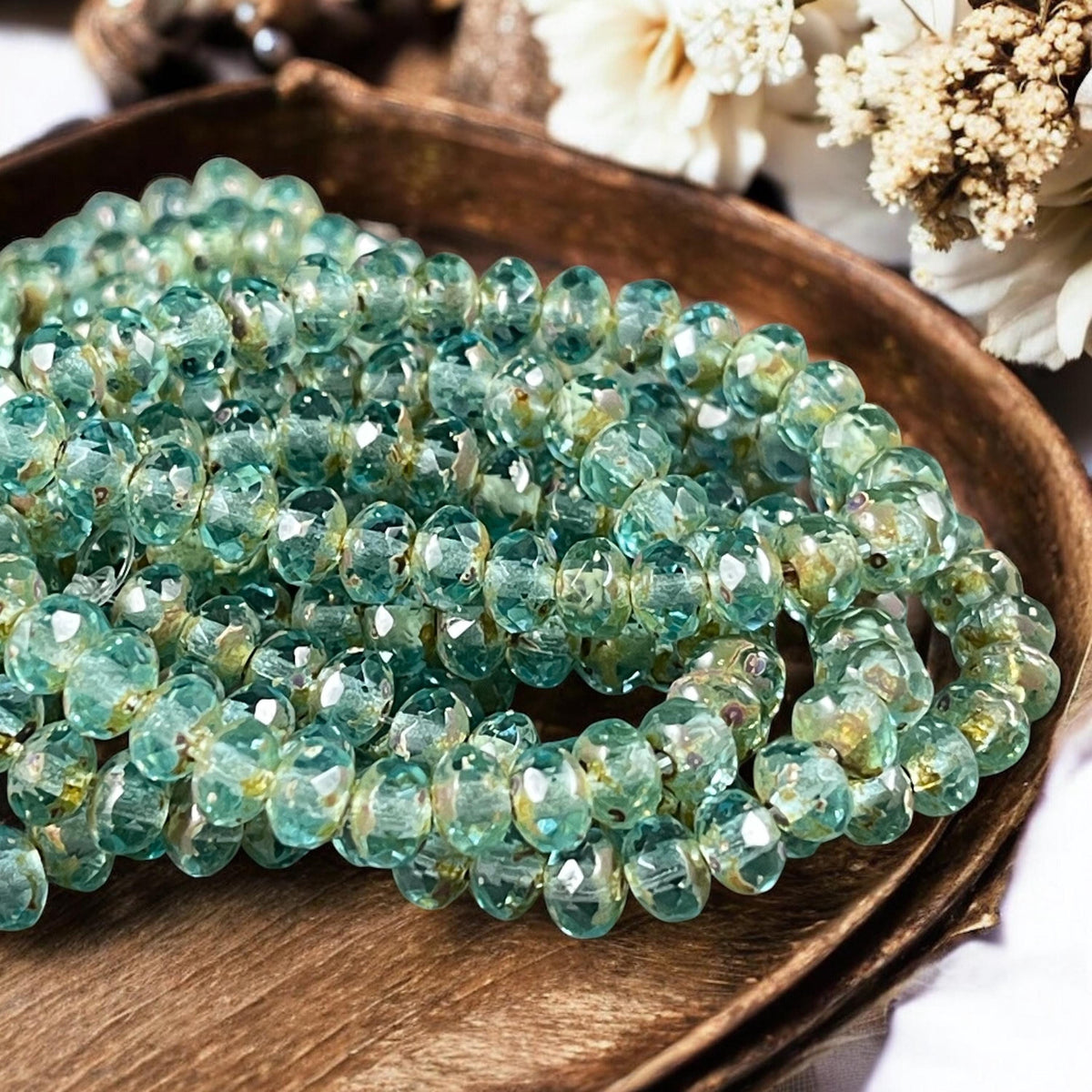 Czech Beads - 5x3mm Faceted Rondelle, Transparent Light Aqua Picasso (R5/N-0516) * 30 Beads