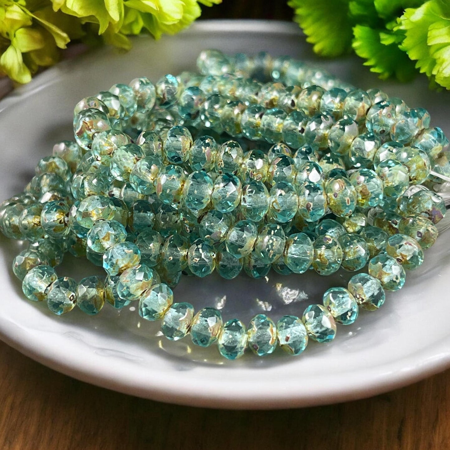 Czech Glass Beads - 5x3mm Faceted Glass Rondelle, Transparent Light Aqua Picasso (R5/N-0516) * Qty. 30