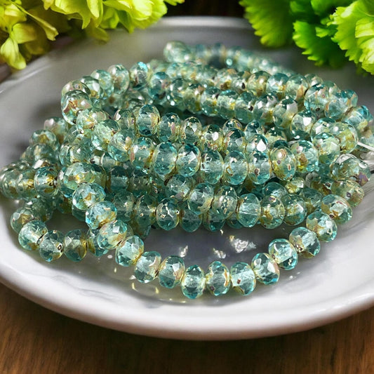 Czech Beads - 5x3mm Faceted Rondelle, Transparent Light Aqua Picasso (R5/N-0516) * 30 Beads