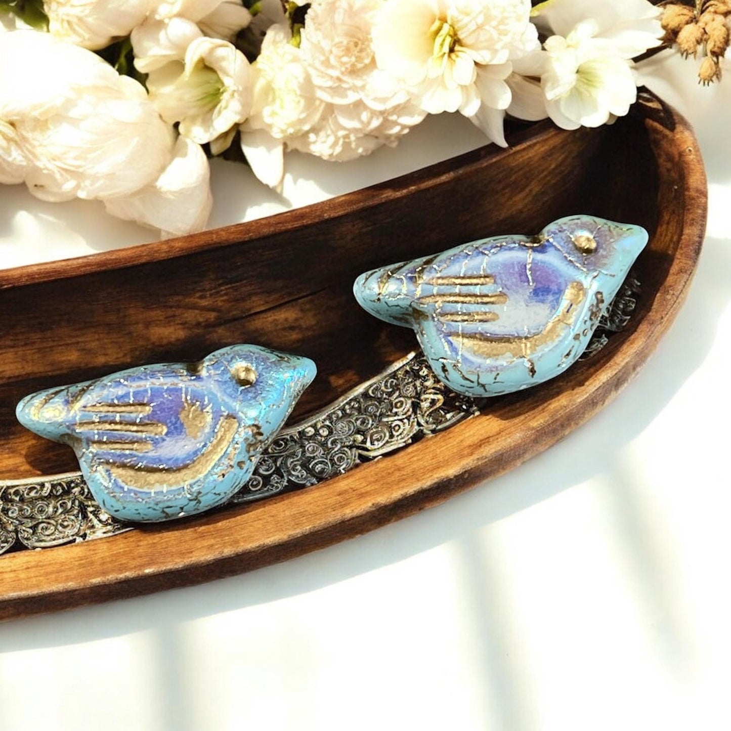Czech Glass Beads - 11x22mm Chunky Bird Beads - Light Blue Bird with Gold Wash and AB Finish, Nature Theme, Bird Focal (N-1307) * Qty. 4