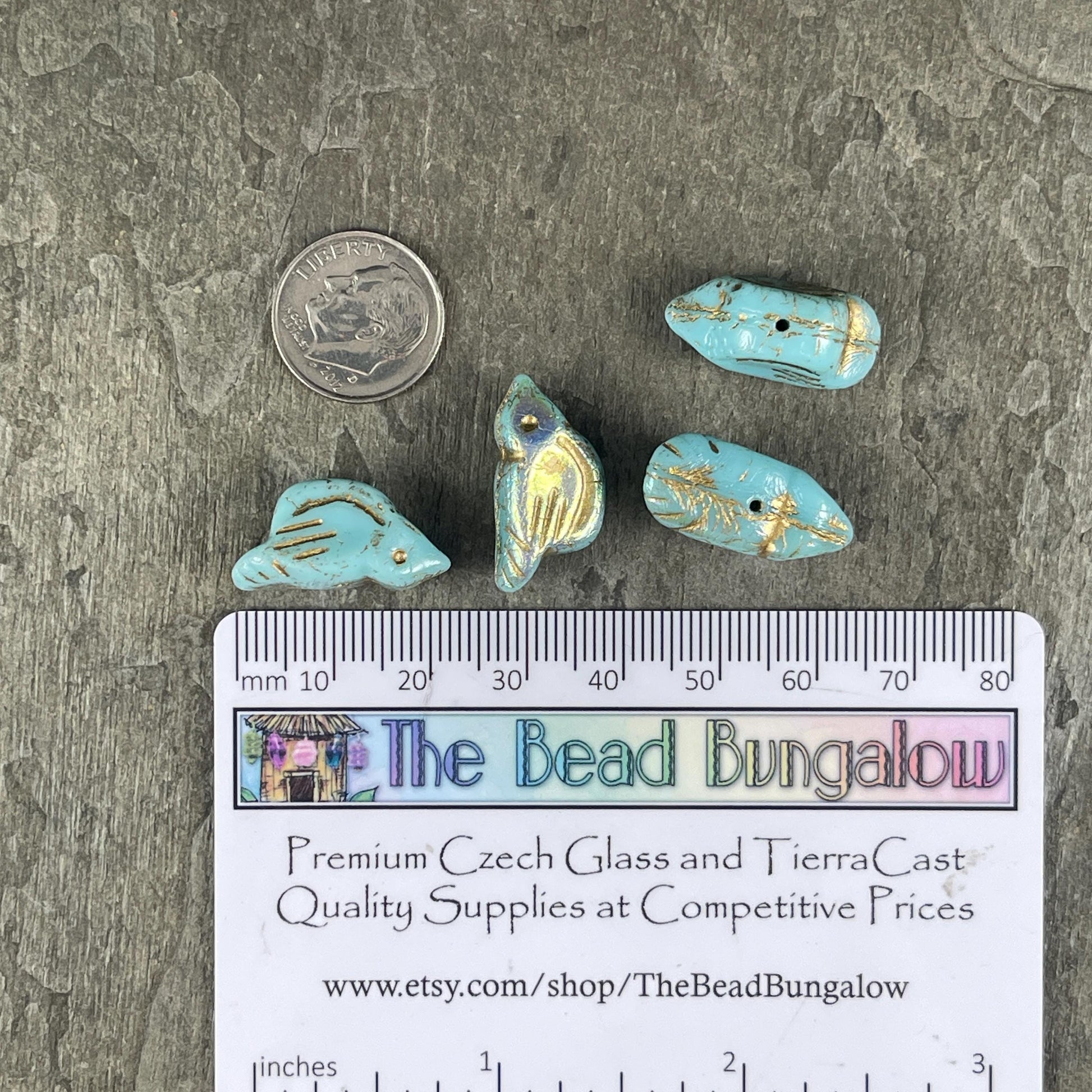 Czech Glass Beads - 11x22mm Chunky Bird Beads - Light Blue Bird with Gold Wash and AB Finish, Nature Theme, Bird Focal (N-1307) * Qty. 4