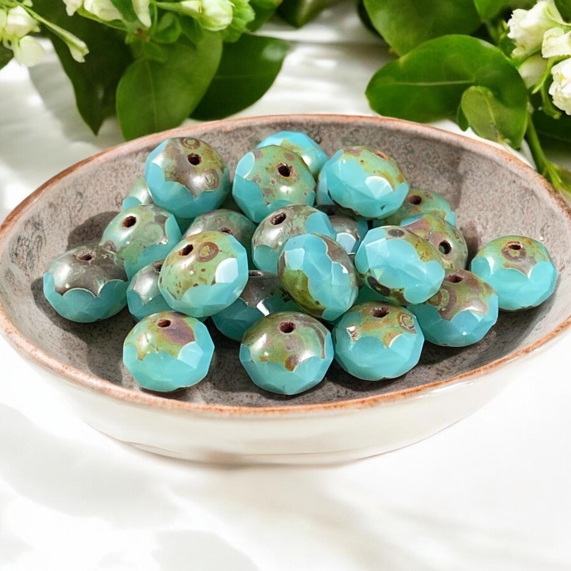 Czech Glass Beads - 8x6mm Faceted Rondelles ~Seafoam Green Silk Picasso Beads (R8/N-0699) * Qty. 25