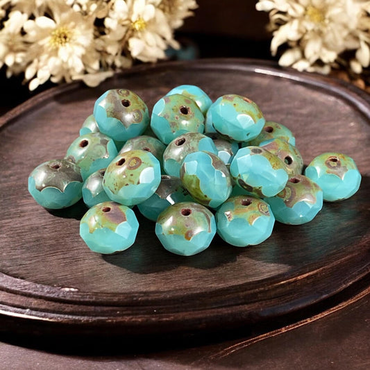 Czech Glass Beads - 8x6mm Faceted Rondelles, Seafoam Green Silk Picasso Beads (R8/N-0699) * Qty. 25