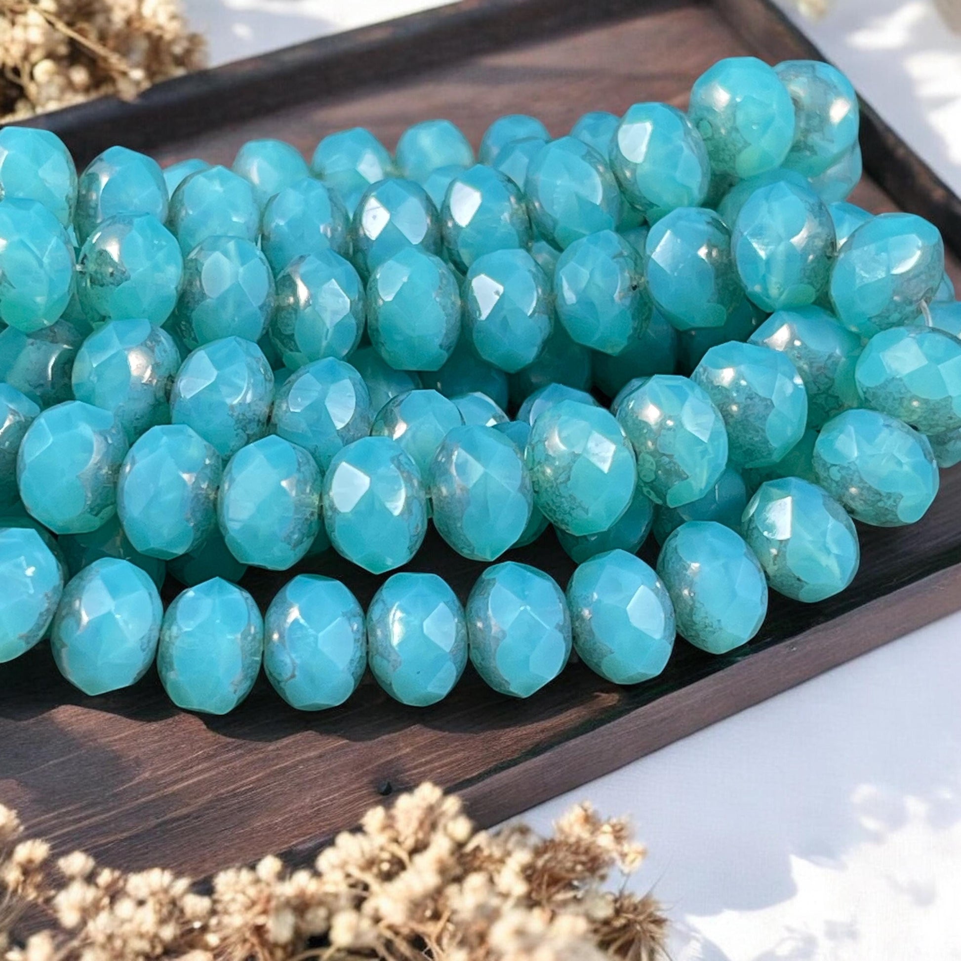 Czech Glass Beads - 8x6mm Faceted Rondelles, Blue-Green Opaline Picasso Beads (R8/N-2022) * Qty. 25