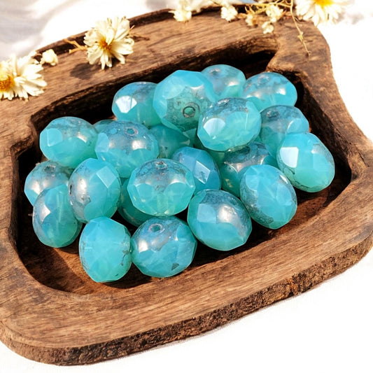 Czech Glass Beads - 8x6mm Faceted Rondelles, Blue-Green Opaline Picasso Beads (R8/N-2022) * Qty. 25
