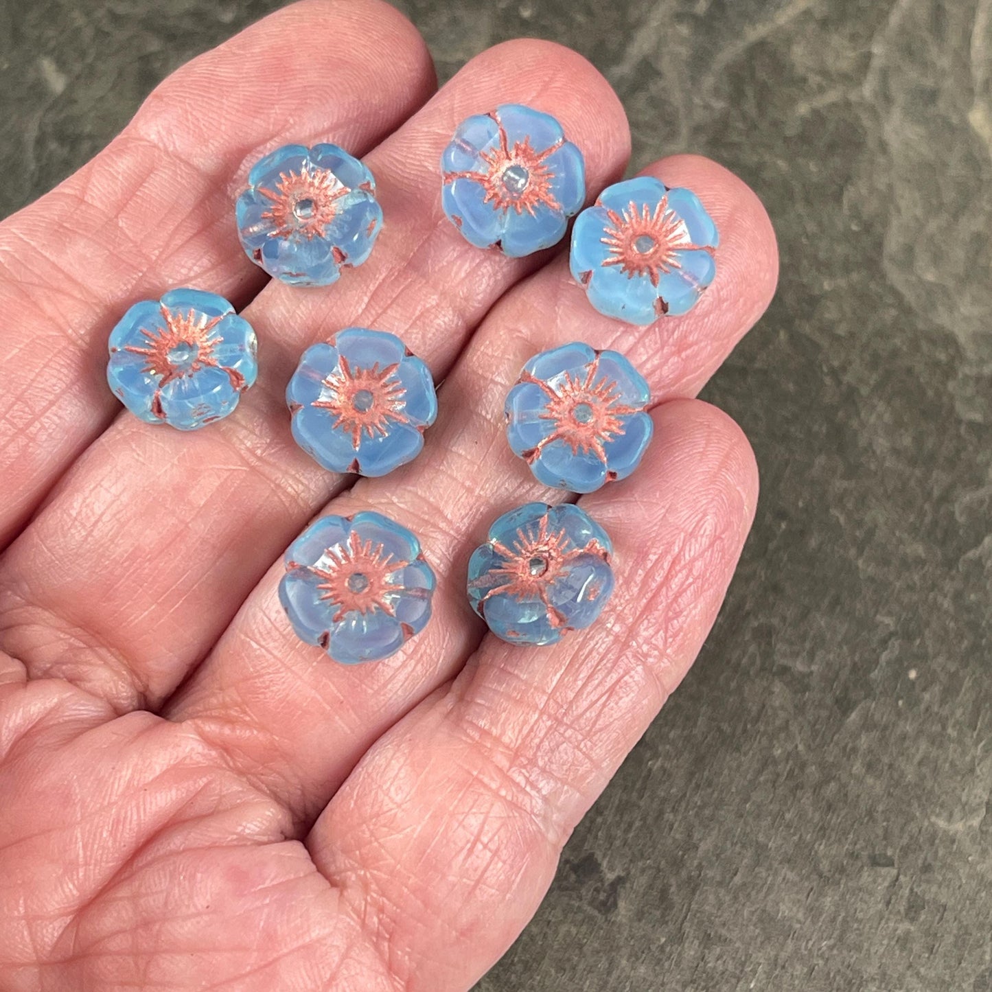 Czech Glass Beads - 12mm Hibiscus Flower Beads, Sky Blue with Copper Wash (FLH/N-0974) * Qty. 8