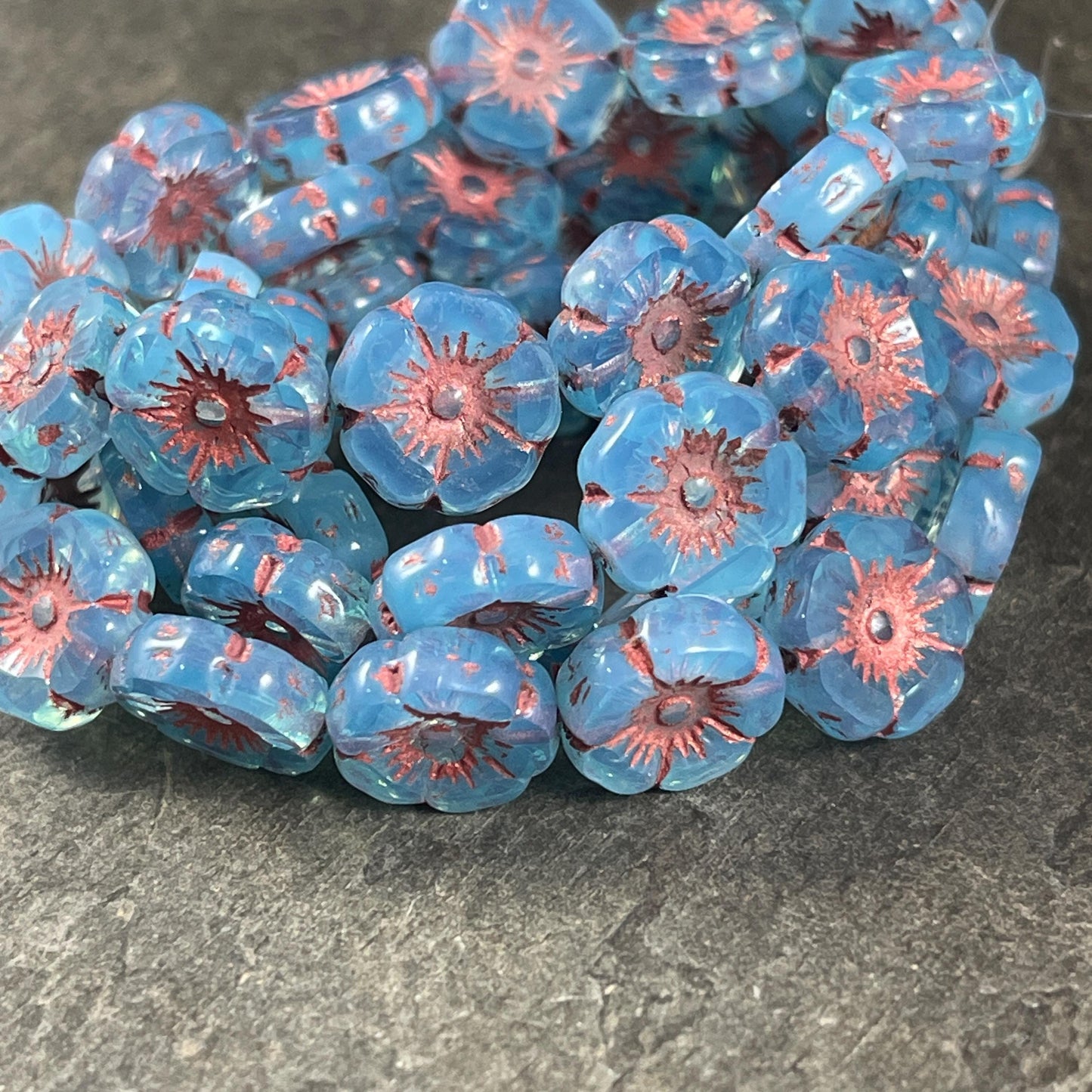 Czech Glass Beads - 12mm Hibiscus Flower Beads, Sky Blue with Copper Wash (FLH/N-0974) * Qty. 8