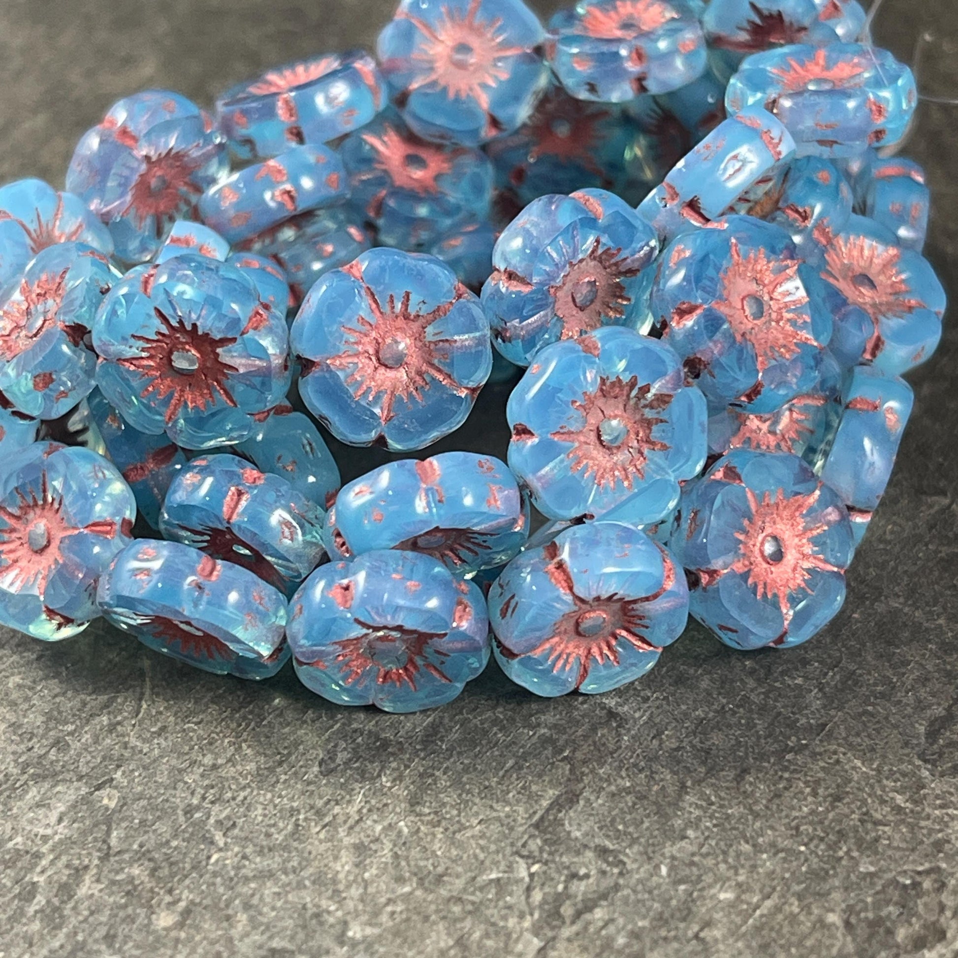 Czech Glass Beads - 12mm Hibiscus Flower Beads, Sky Blue with Copper Wash (FLH/N-0974) * Qty. 8