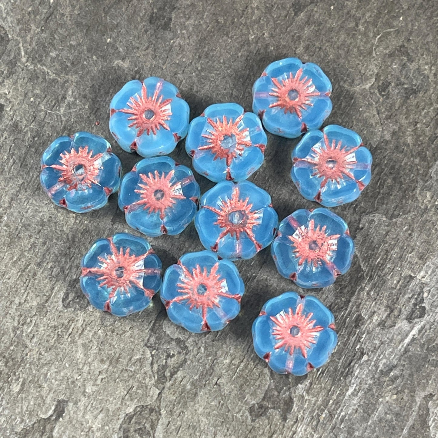 Czech Glass Beads - 12mm Hibiscus Flower Beads, Sky Blue with Copper Wash (FLH/N-0974) * Qty. 8