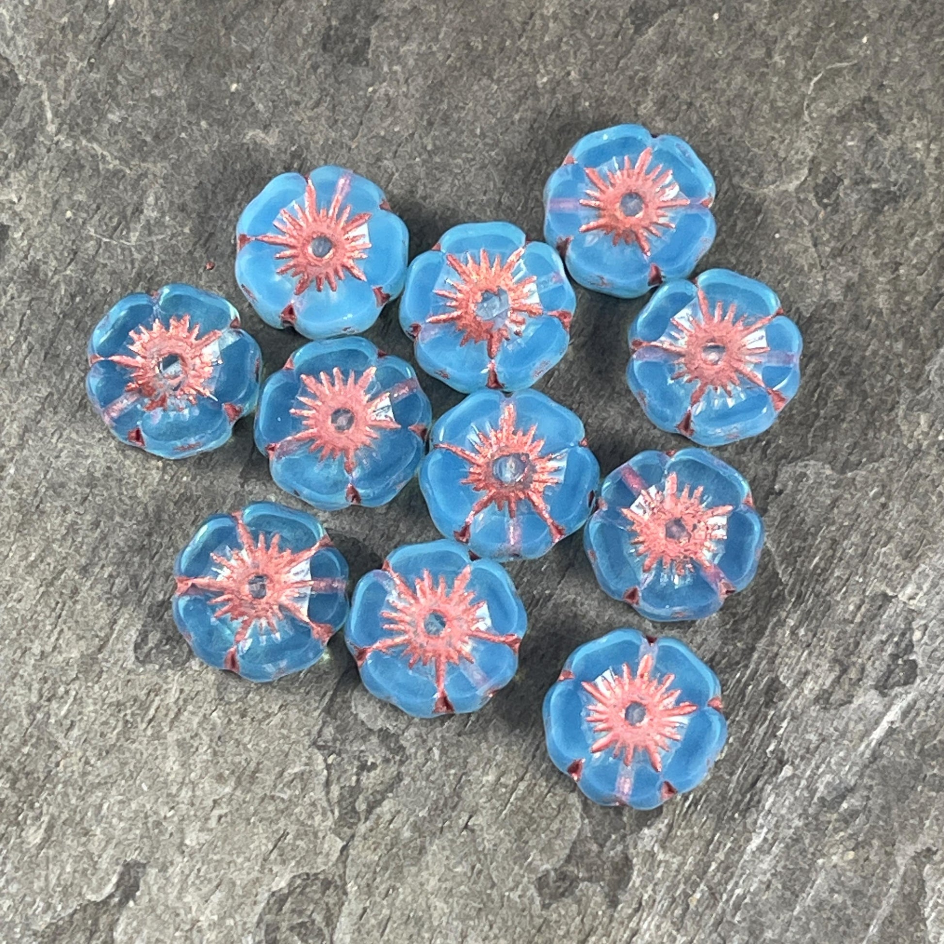 Czech Glass Beads - 12mm Hibiscus Flower Beads, Sky Blue with Copper Wash (FLH/N-0974) * Qty. 8