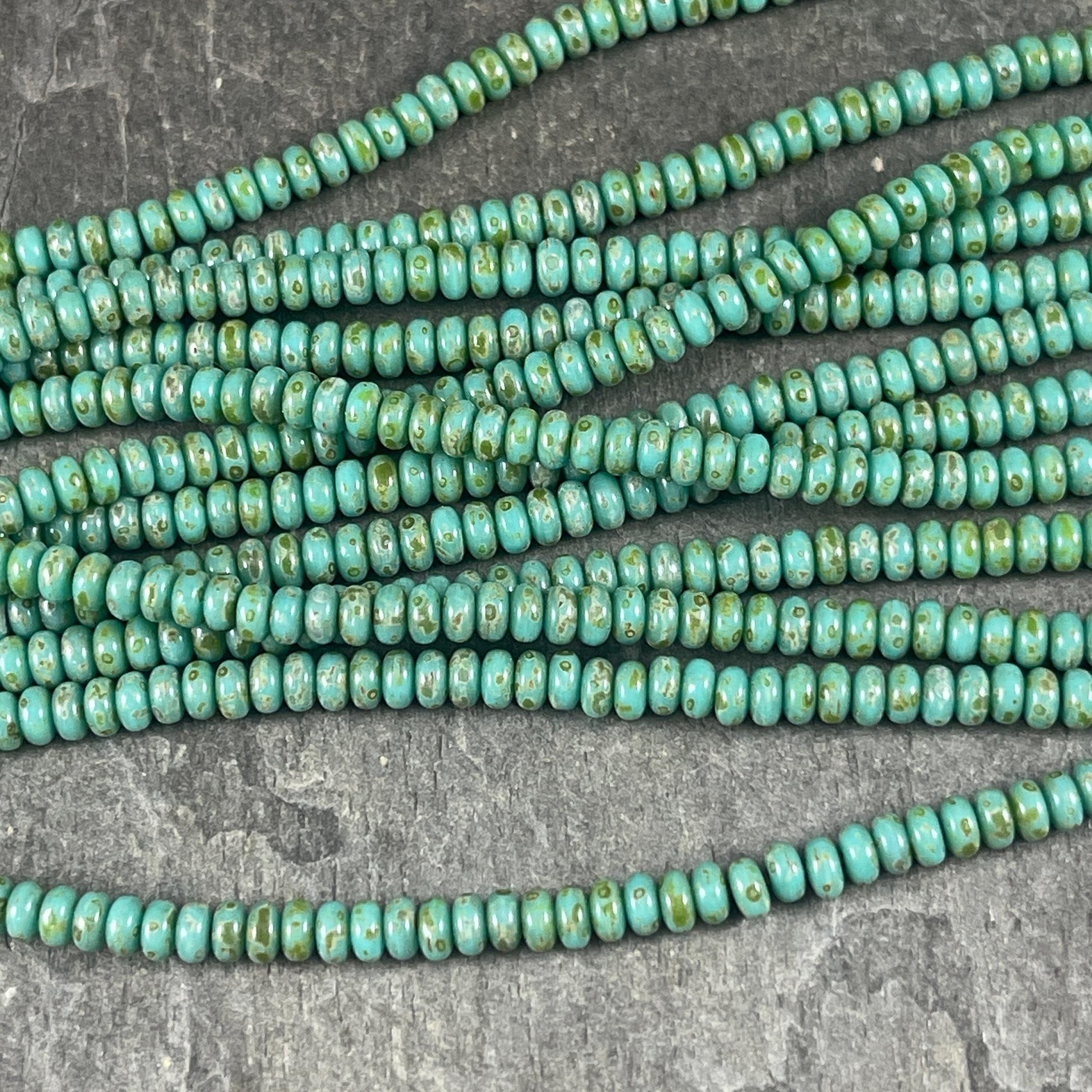 Czech Glass Beads - Turquoise Picasso Spacer Beads 3x2mm Rondelle Turquoise Heishi Rondelle (RD3/SM-T6313) - Qty. 100