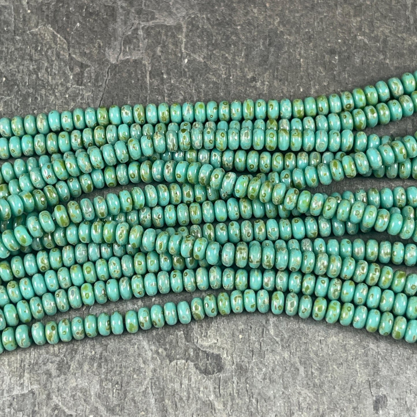 Czech Glass Beads - Turquoise Picasso Spacer Beads 3x2mm Rondelle Turquoise Heishi Rondelle (RD3/SM-T6313) - Qty. 100