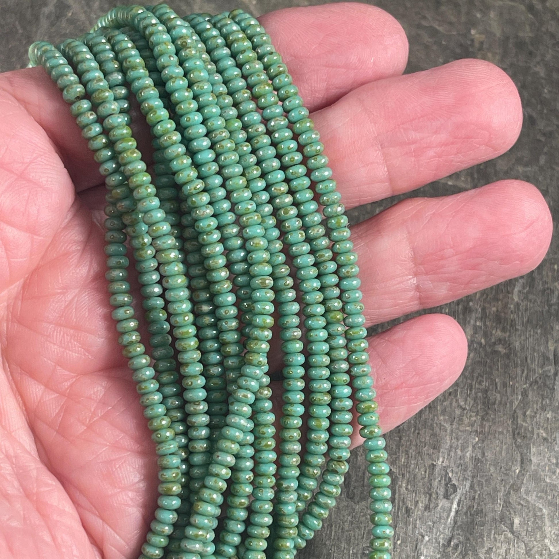 Czech Glass Beads - Turquoise Picasso Spacer Beads 3x2mm Rondelle Turquoise Heishi Rondelle (RD3/SM-T6313) - Qty. 100